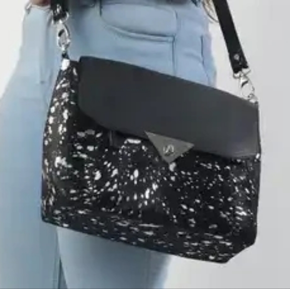 Cowhide Print Genuine Black Leather Crossbody Purse Print is Silver Splashes - Picture 4 of 8
